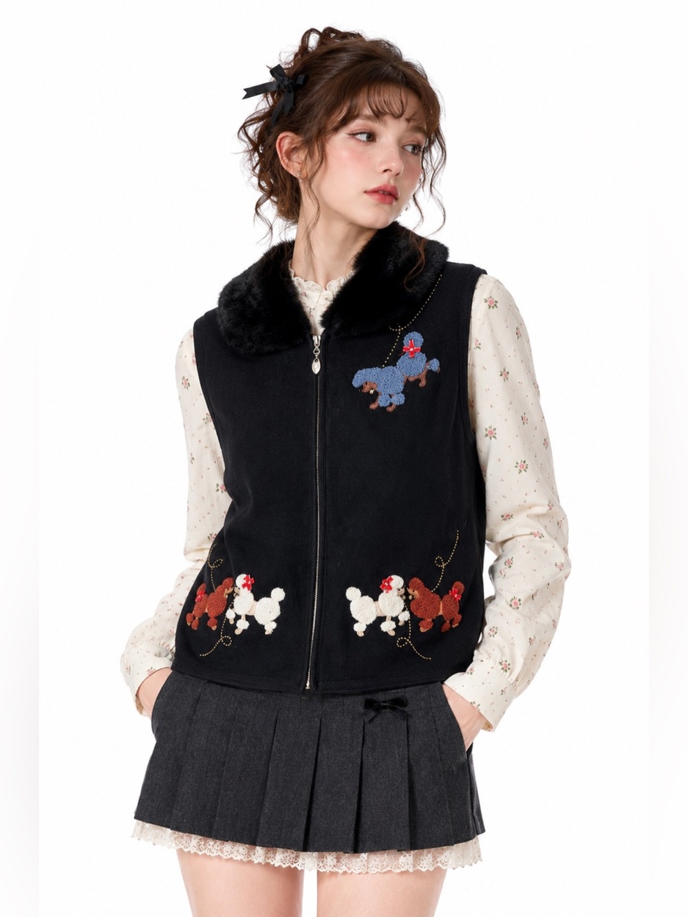 Vintage Wool Faux Fur Vest Embroidered Poodles Dog Mom Kitschy Novelty Twee Cute